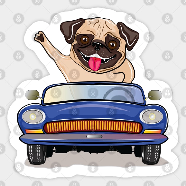 Pug Dog Driving A Car Sticker by ArticArtac